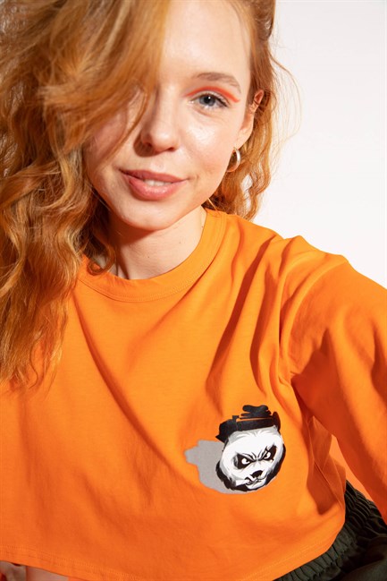 Kadın Kısa Shadow Panda Turuncu T-Shirt