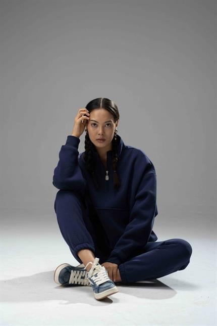 Kadın Lacivert Fermuarlı Oversize Sweatshirt