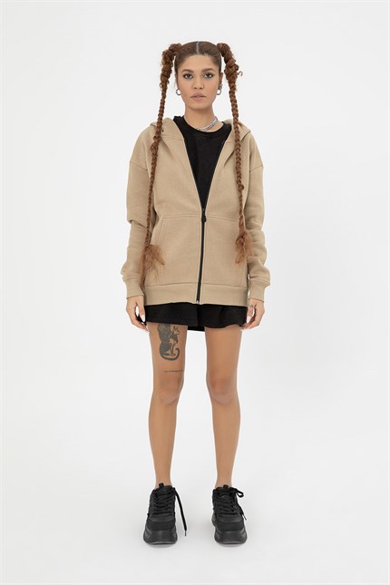 Kadın Oversize Fermuarlı Kapüşonlu Bej Sweatshirt