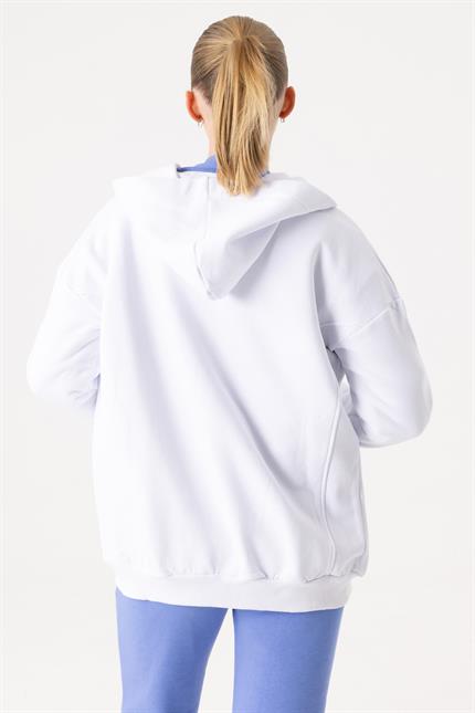Kadın Oversize Fermuarlı Kapüşonlu Beyaz Sweatshirt