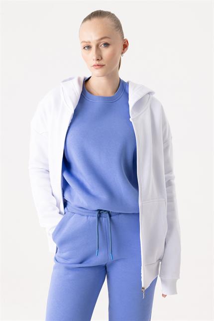 Kadın Oversize Fermuarlı Kapüşonlu Beyaz Sweatshirt