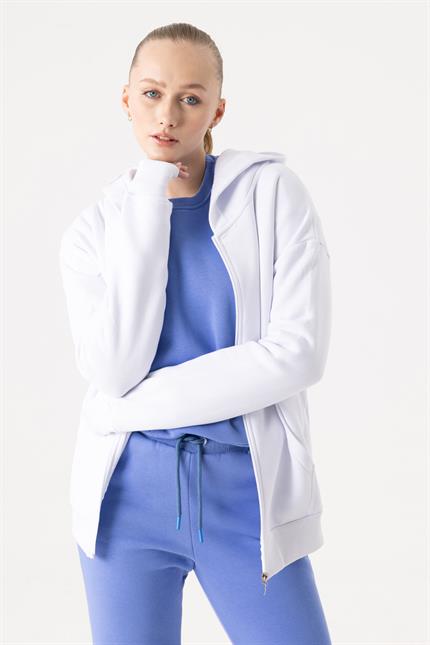 Kadın Oversize Fermuarlı Kapüşonlu Beyaz Sweatshirt