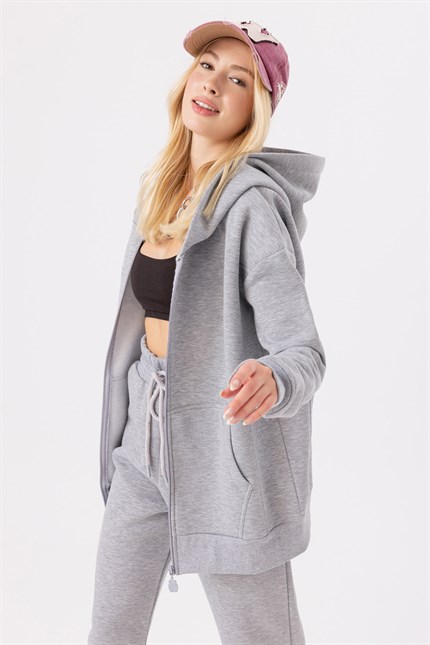 Kadın Oversize Fermuarlı Kapüşonlu Gri Sweatshirt