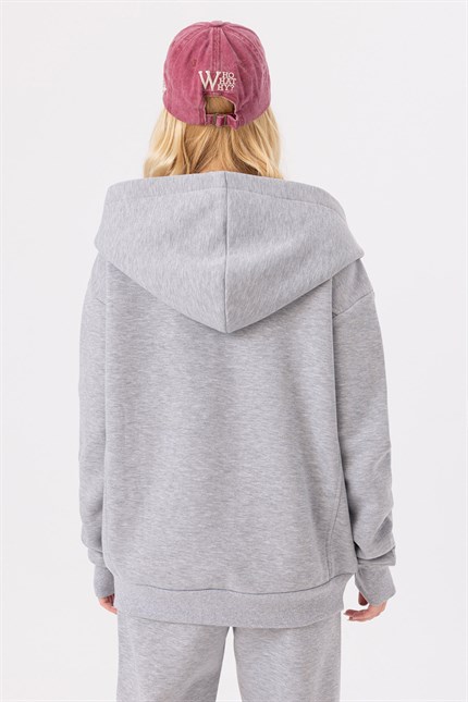 Kadın Oversize Fermuarlı Kapüşonlu Gri Sweatshirt