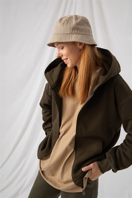 Kadın Oversize Fermuarlı Kapüşonlu Haki Sweatshirt