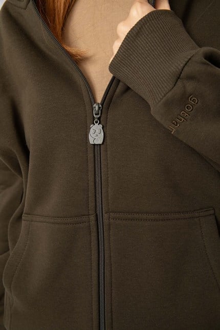 Kadın Oversize Fermuarlı Kapüşonlu Haki Sweatshirt