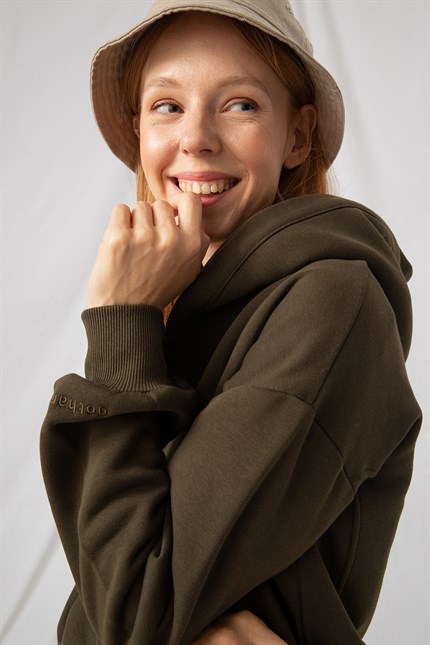 Kadın Oversize Fermuarlı Kapüşonlu Haki Sweatshirt