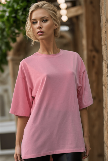 Kadın Plain Oversize Pembe T-Shirt