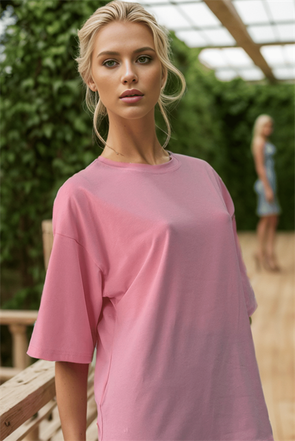 Kadın Plain Oversize Pembe T-Shirt