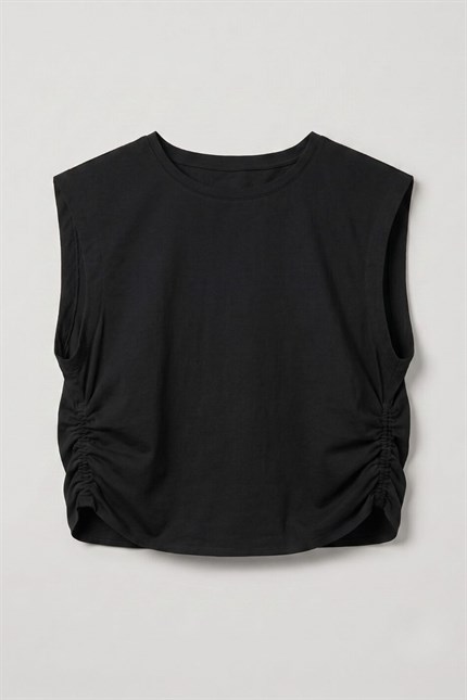 Kadın Siyah Büzgü Detaylı T-Shirt