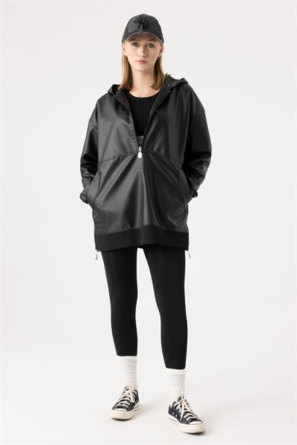 Kadın Siyah Deri Hoodie Yağmurluk