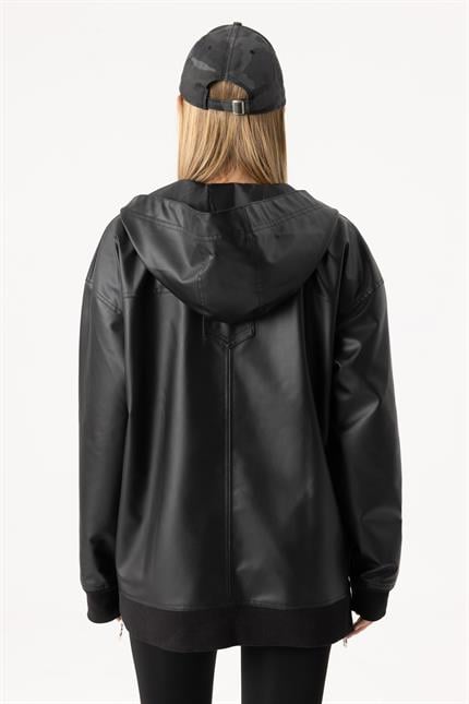 Kadın Siyah Deri Hoodie Yağmurluk