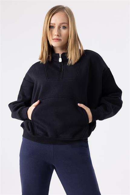 Kadın Siyah Fermuarlı Oversize Sweatshirt