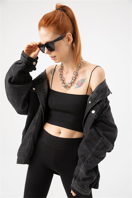 Kadın Siyah Fitilli İp Askılı Crop Top