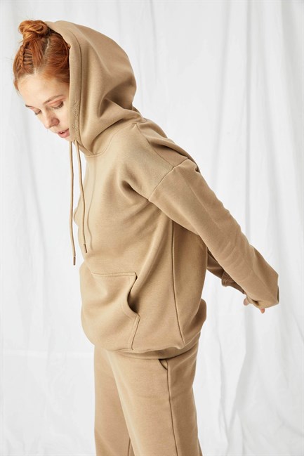 Kadın Stay Oversize Bej Hoodie Sweatshirt
