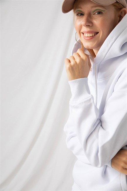 Kadın Stay Oversize Beyaz Hoodie Sweatshirt