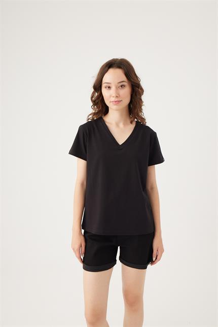 Kadın V Yaka Siyah T-Shirt