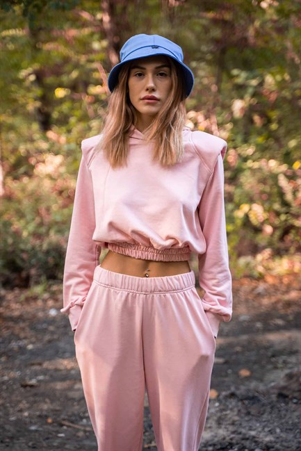 Kadın Vatkalı Kapşonlu Pembe Kısa Sweatshirt