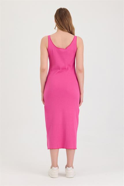 Kadın Yırtmaçlı Midi Fuşya Elbise 