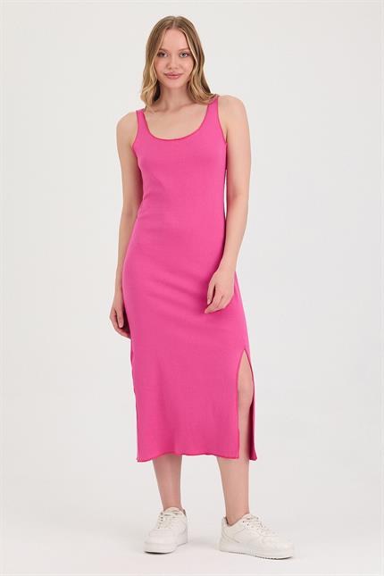 Kadın Yırtmaçlı Midi Fuşya Elbise 