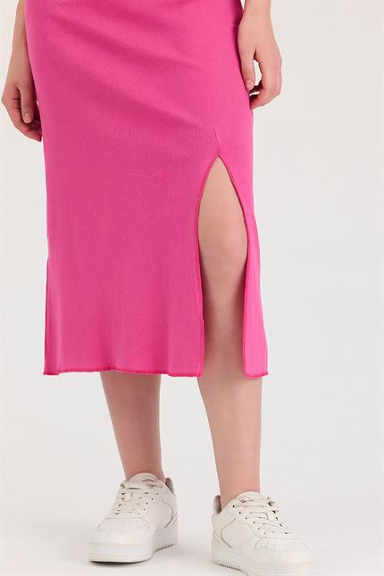 Kadın Yırtmaçlı Midi Fuşya Elbise 