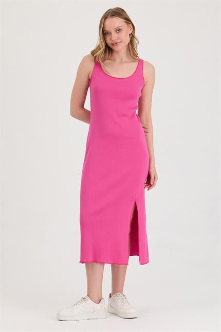 Kadın Yırtmaçlı Midi Fuşya Elbise 