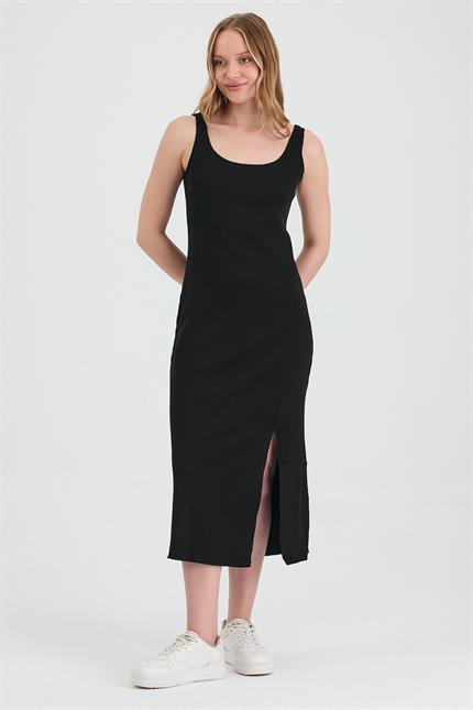 Kadın Yırtmaçlı Midi Siyah Elbise