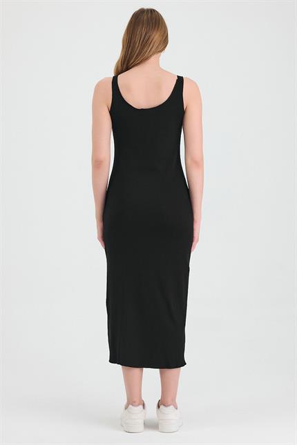 Kadın Yırtmaçlı Midi Siyah Elbise