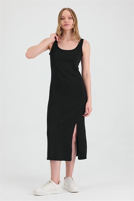 Kadın Yırtmaçlı Midi Siyah Elbise