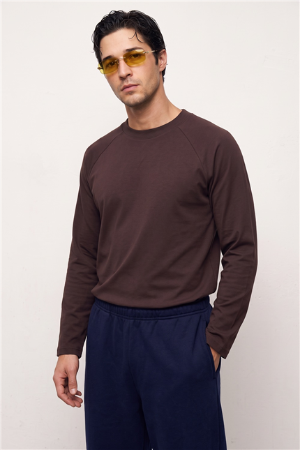 Reglan Uzun Kollu Kahverengi T-Shirt