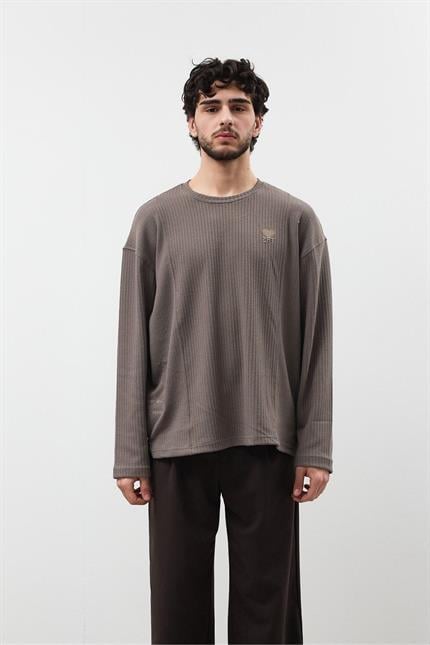 Erkek Saç Örgü Kül Nakışlı Sweatshirt
