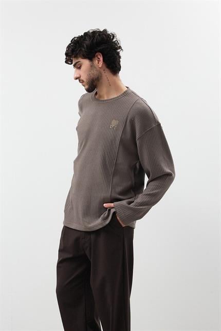 Erkek Saç Örgü Kül Nakışlı Sweatshirt