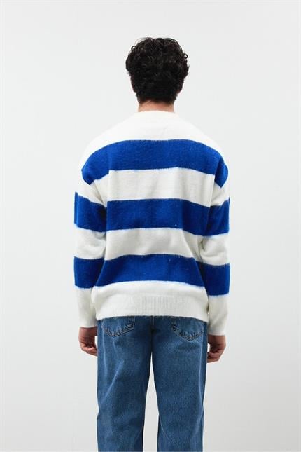 Erkek Saks Oversize Çizgili Kazak