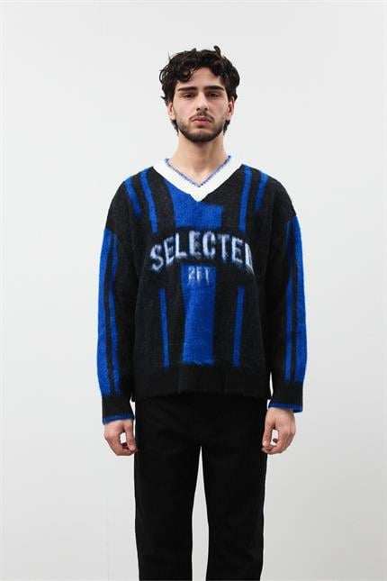 Erkek Selected Oversize Sakallı Çizgili Kazak