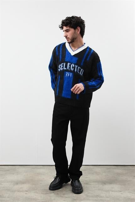 Erkek Selected Oversize Sakallı Çizgili Kazak