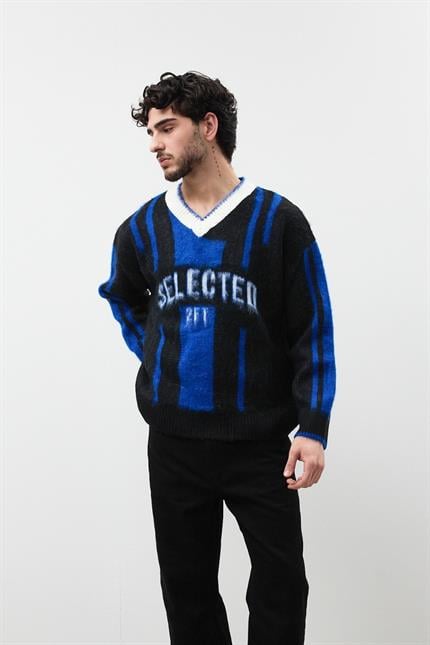 Erkek Selected Oversize Sakallı Çizgili Kazak