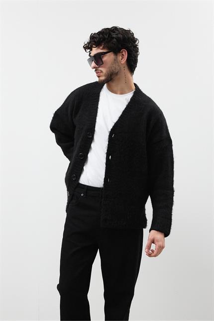 Erkek Siyah Oversize Sakallı Düğmeli Hırka