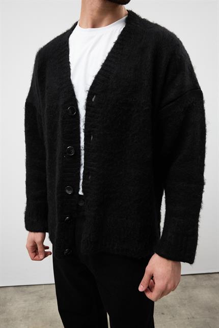 Erkek Siyah Oversize Sakallı Düğmeli Hırka