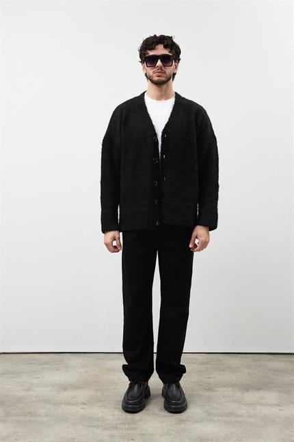 Erkek Siyah Oversize Sakallı Düğmeli Hırka