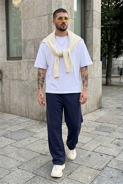 Yazlık Erkek Blank Lacivert Ayarlanabilir Paça Baggy Eşofman Altı