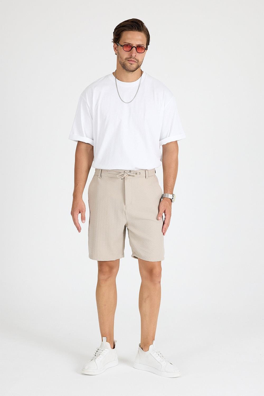 Erkek Bej Çizgili Şort