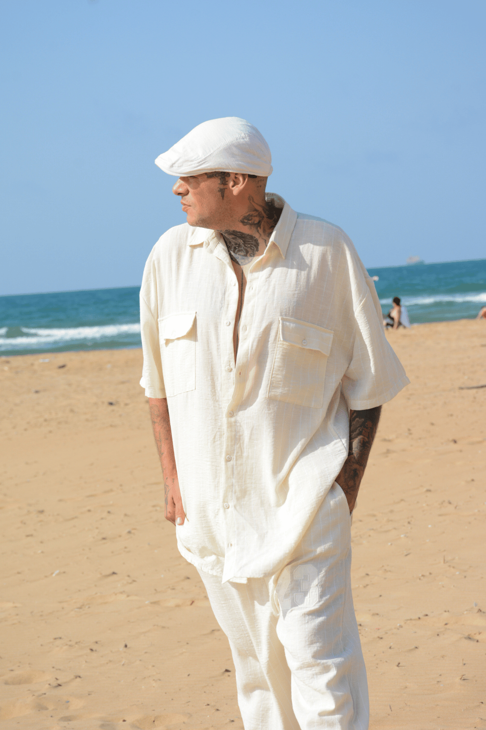 Erkek Çizgili Krem Keten Takım