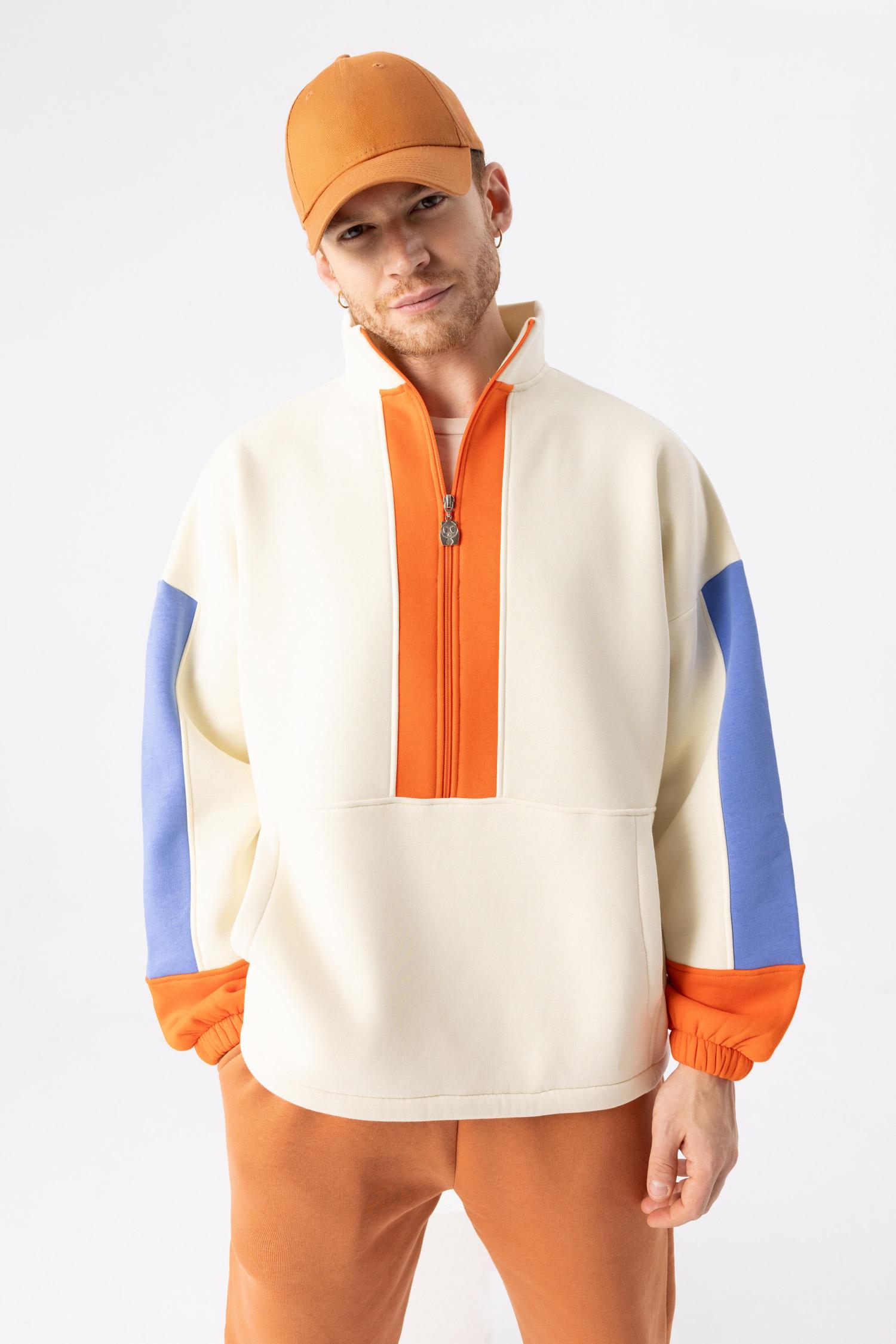 Erkek Fermuarlı Krem-Alev Turuncu-Indigo Sweatshirt
