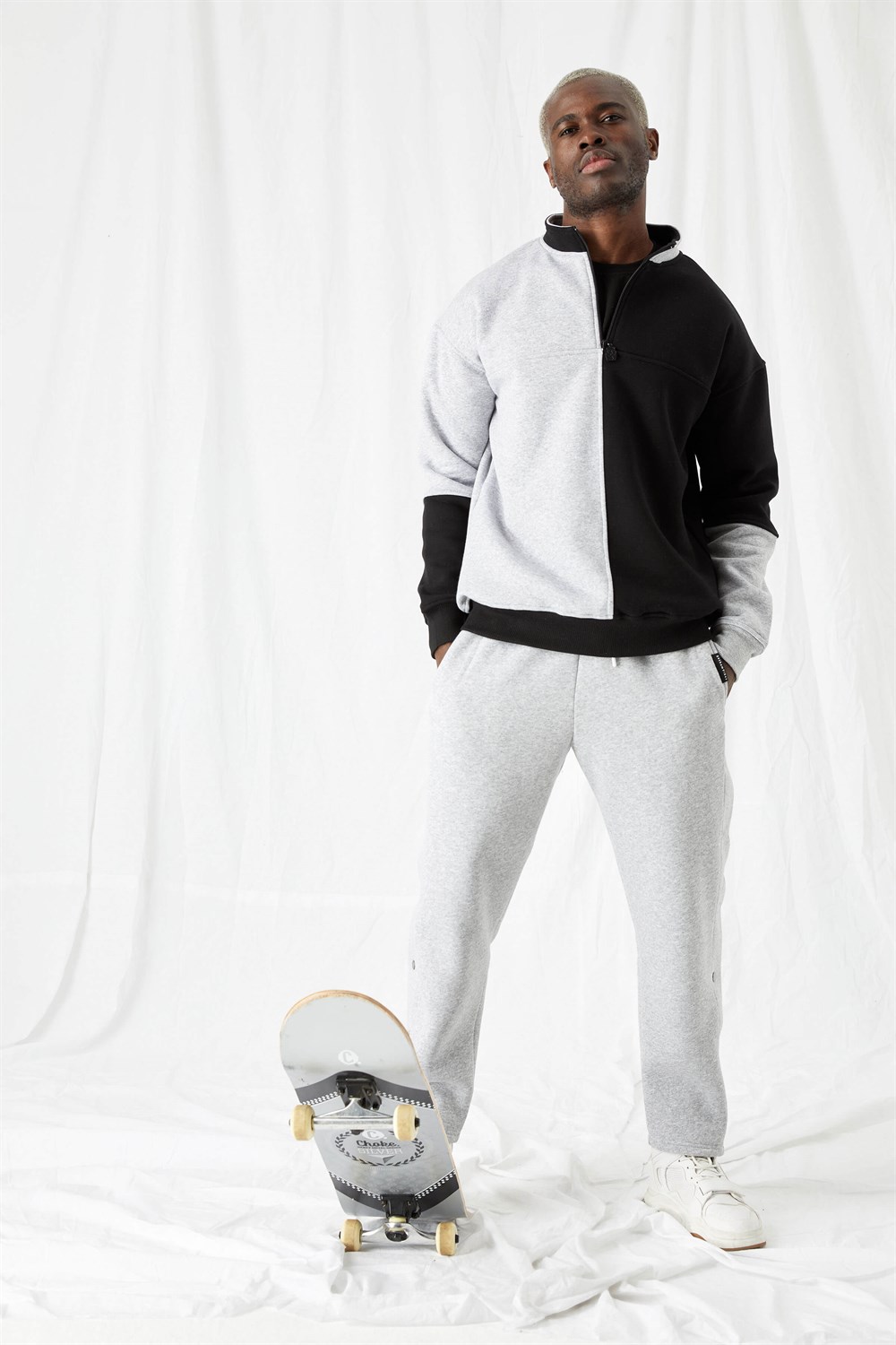 Erkek Fermuarlı Oversize Gri-Siyah Sweatshirt
