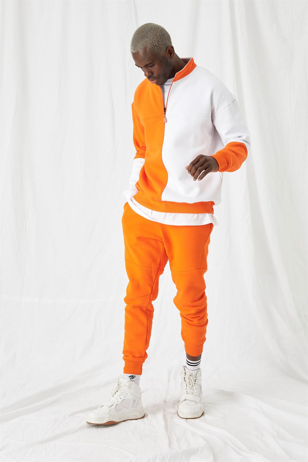 Erkek Fermuarlı Oversize Turuncu-Beyaz Sweatshirt