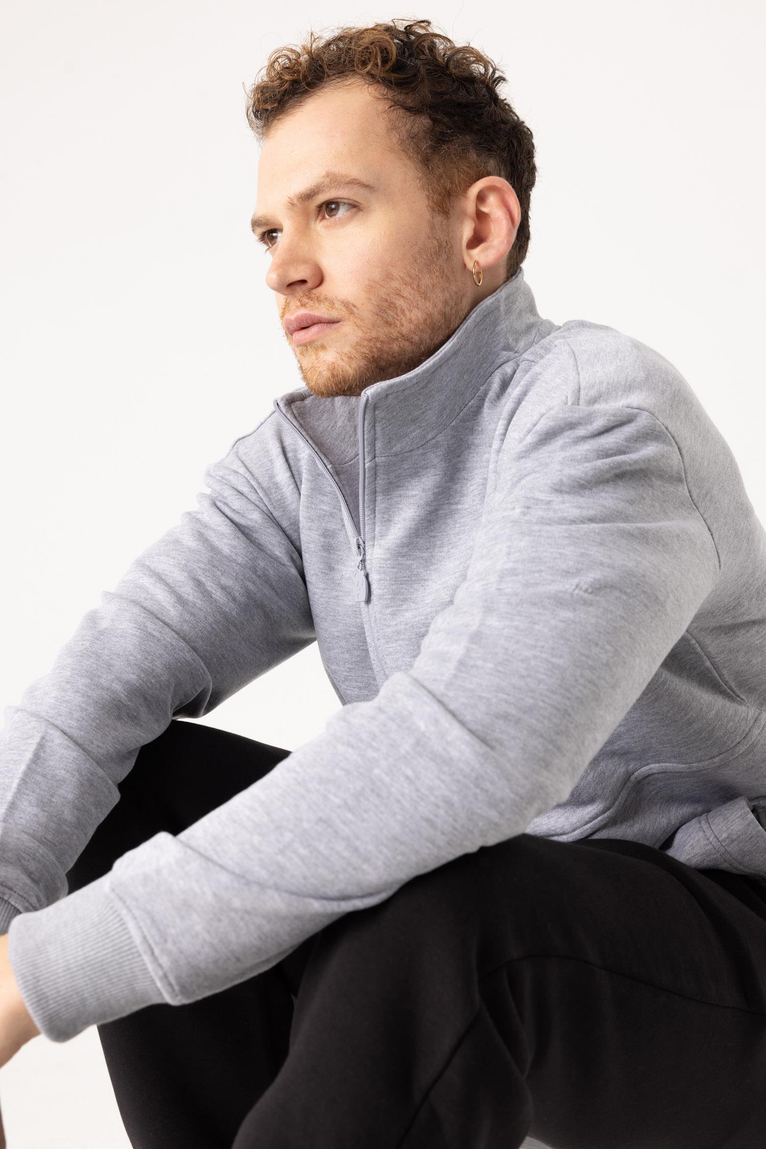 Erkek Gri Dik Yaka Fermuarlı Oversize Sweatshirt