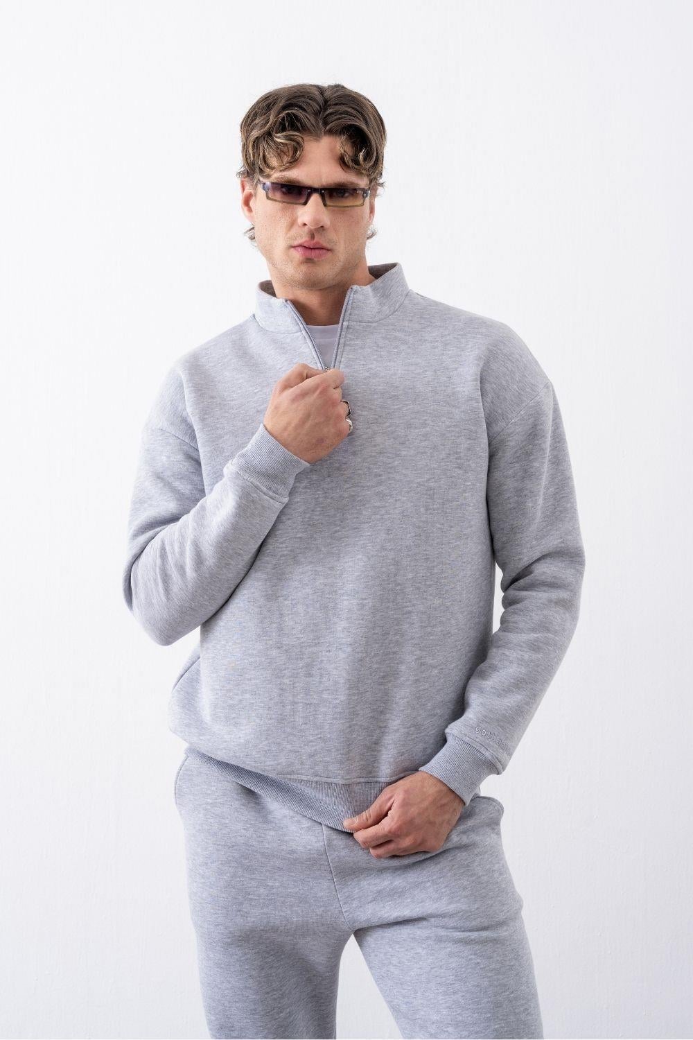 Erkek Gri Fermuarlı Oversize Sweatshirt