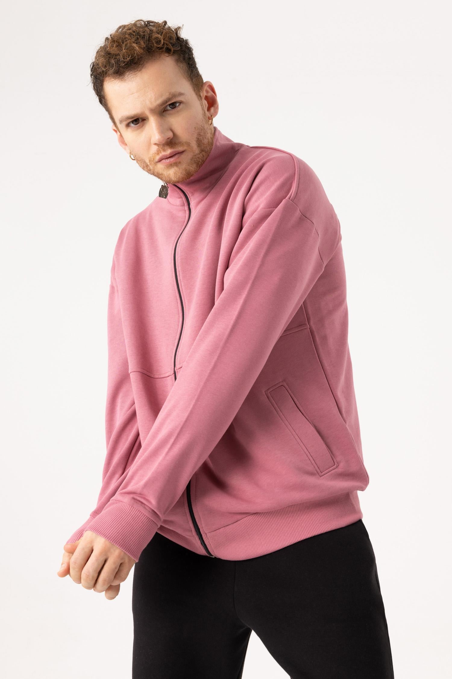 Erkek Gül Kurusu Dik Yaka Fermuarlı Oversize Sweatshirt