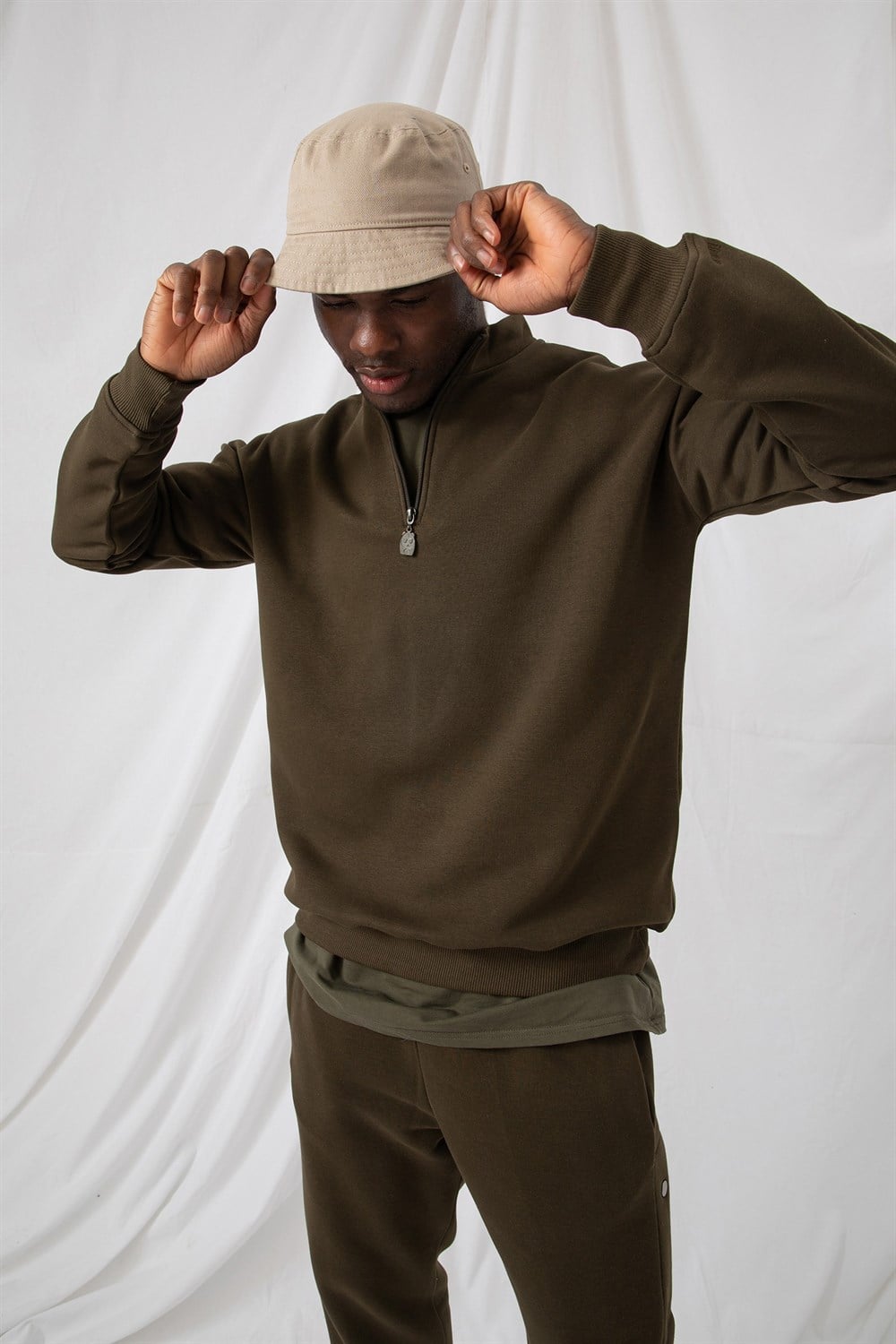 Erkek Haki Fermuarlı Oversize Sweatshirt