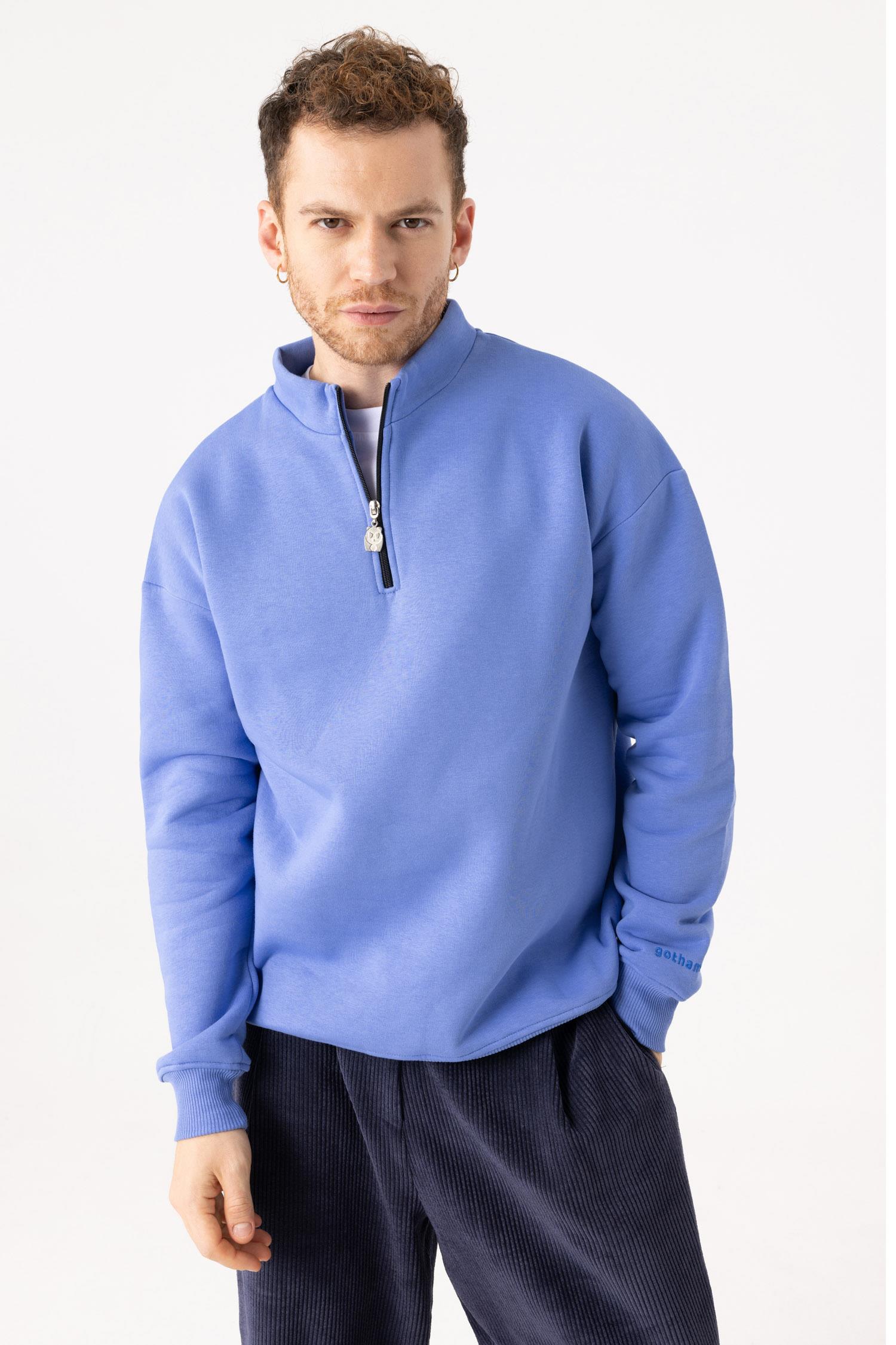 Erkek Indigo Fermuarlı Oversize Sweatshirt
